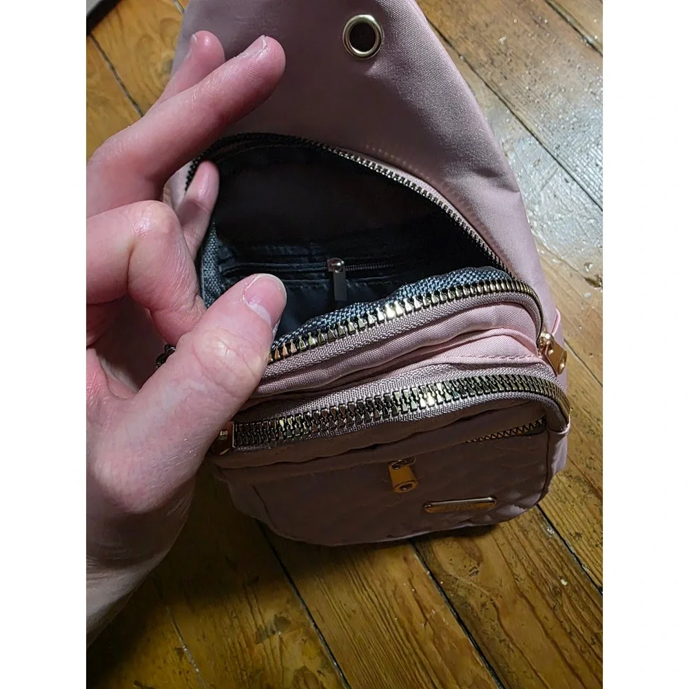 Jingpin Creations Pink Quilted Nylon Sling Bag Crossbody Backpack‎ Gold Hardware